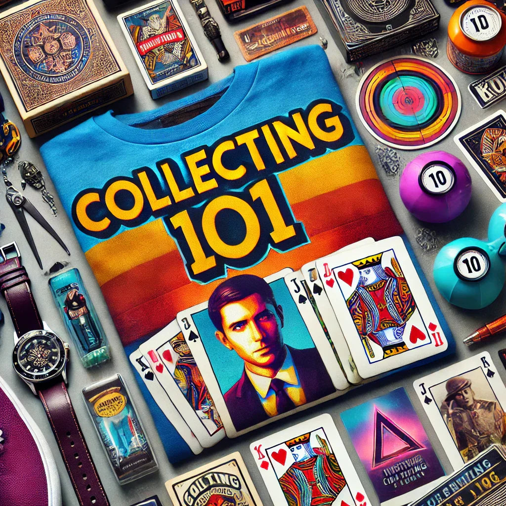 Collecting 101 Blog Image: Bold title with premium playing cards, limited-edition T-shirts, and vintage items. Perfect for collectors and enthusiasts